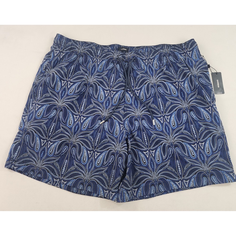 Express Mens Hybrid Swim Shorts XL Navy Blue Geometric Paisley Swim Trunks NEW